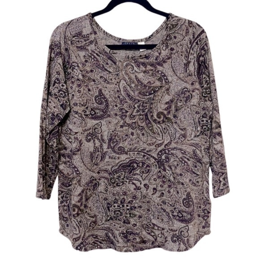 L Basic Editions Paisley Top 3/4 Length Sleeves Scoop Curved‎ Hem Shirt Blouse